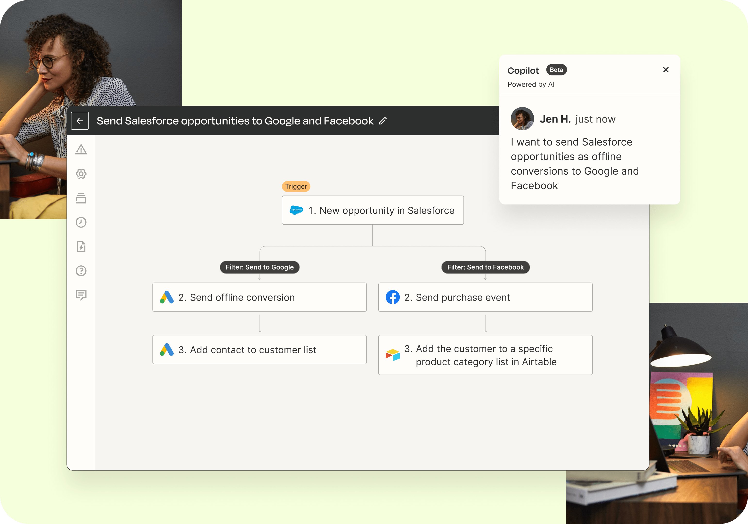 An interface of a multi-step workflow using WooCommerce, Facebook, and Airtable